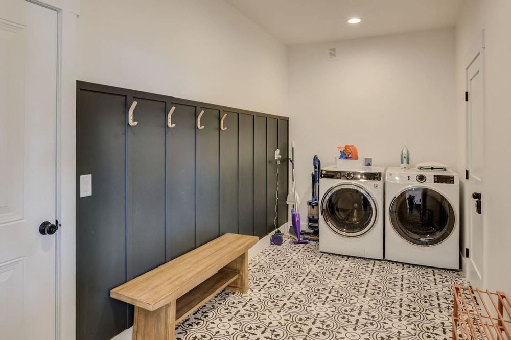 Mudroom and laundry room used for turnovers at a managed short-term rental in Buena Vista, Colorado